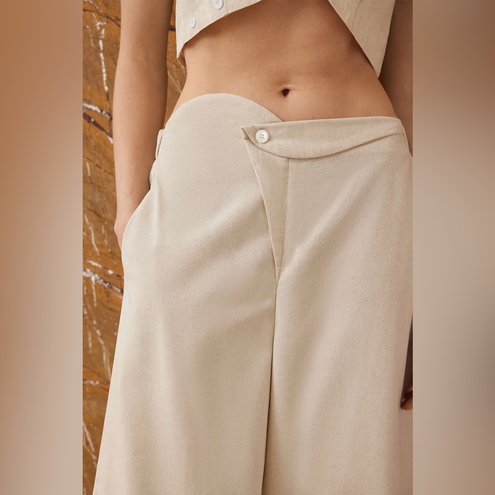 Micas Linen Button Asymmetrical Ruched Barrel Trousers S CC18-5 - Picture 4 of 9